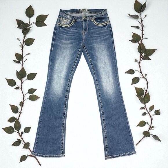 Lamasini Jeans Women’s Size 9 / 28x31 Bootcut Blue Denim Crown Embroidered Bling - Picture 1 of 4